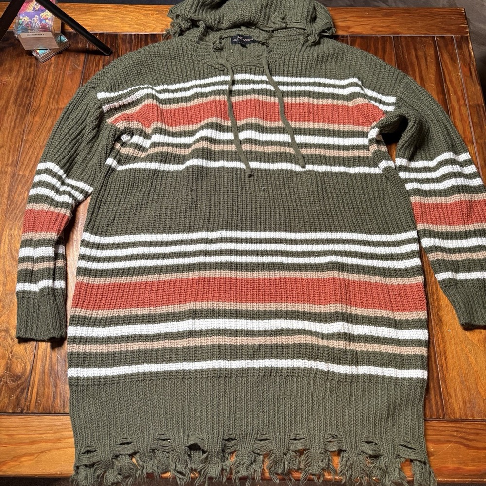 Almost Famous Sweater Green Orange Striped Tunic Hoodie Drawstring Knit 3X A988